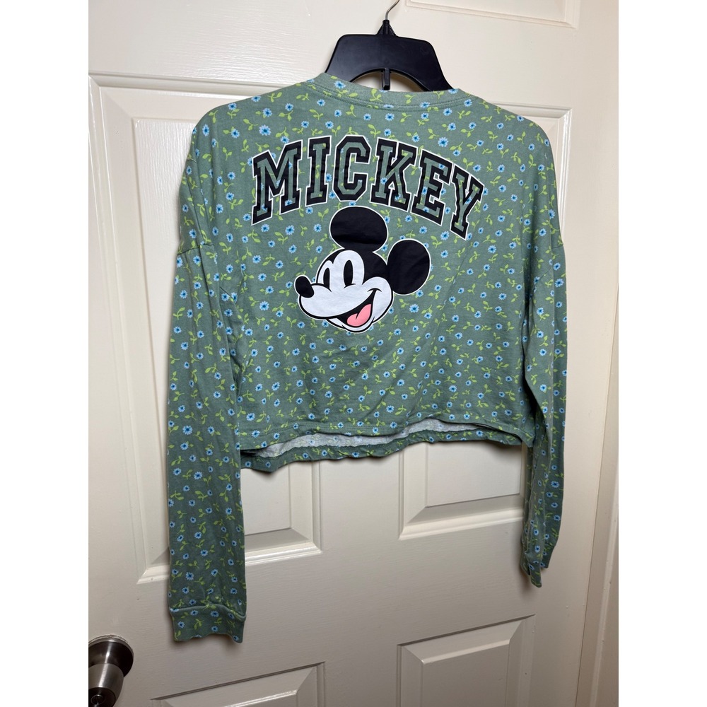 Disney Mickey Mouse Floral Cropped Henley Long Sleeve Top Green XL